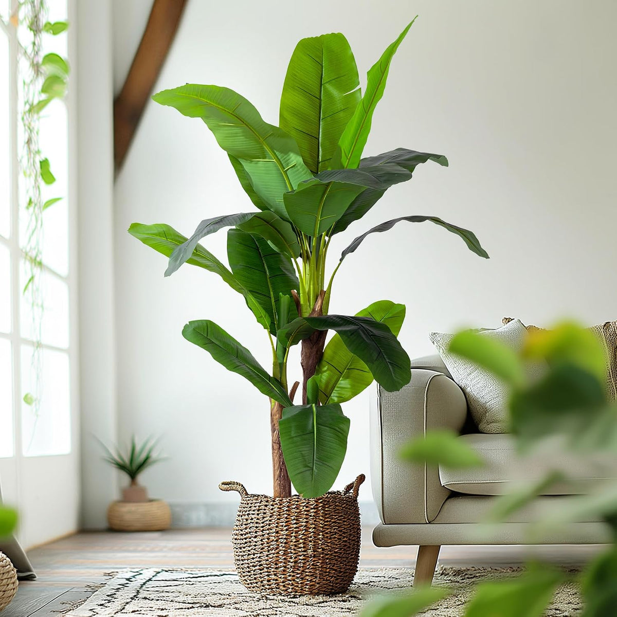 Erimda 7.2FT Artificial Banana Tree, Lifelike Fake Banana Leaf Tropical Silk Tree, Easy Assembly Faux Floor Plant with Sturdy Trunk, Maintenance Free for Indoor Home Patio Pool Outdoor Tropical Decor