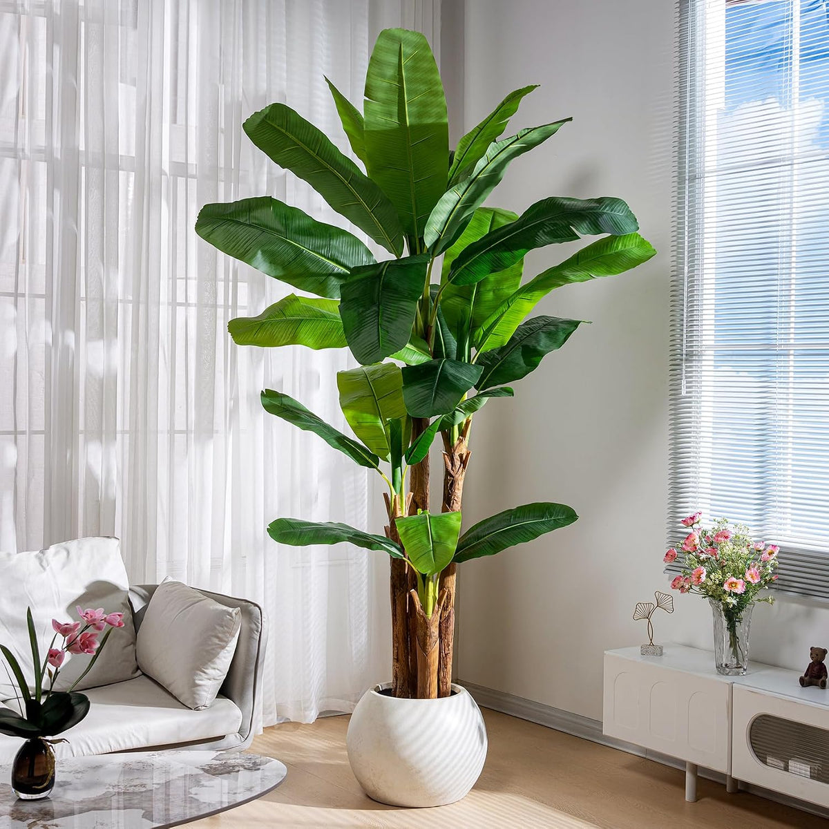 Erimda 7.2FT Artificial Banana Tree, Lifelike Fake Banana Leaf Tropical Silk Tree, Easy Assembly Faux Floor Plant with Sturdy Trunk, Maintenance Free for Indoor Home Patio Pool Outdoor Tropical Decor