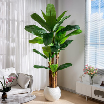 Erimda 7.2FT Artificial Banana Tree, Lifelike Fake Banana Leaf Tropical Silk Tree, Easy Assembly Faux Floor Plant with Sturdy Trunk, Maintenance Free for Indoor Home Patio Pool Outdoor Tropical Decor