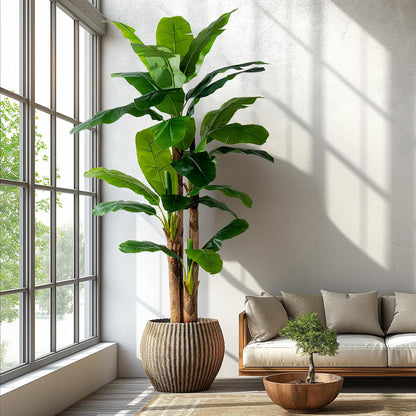 Erimda 7.2FT Artificial Banana Tree, Lifelike Fake Banana Leaf Tropical Silk Tree, Easy Assembly Faux Floor Plant with Sturdy Trunk, Maintenance Free for Indoor Home Patio Pool Outdoor Tropical Decor