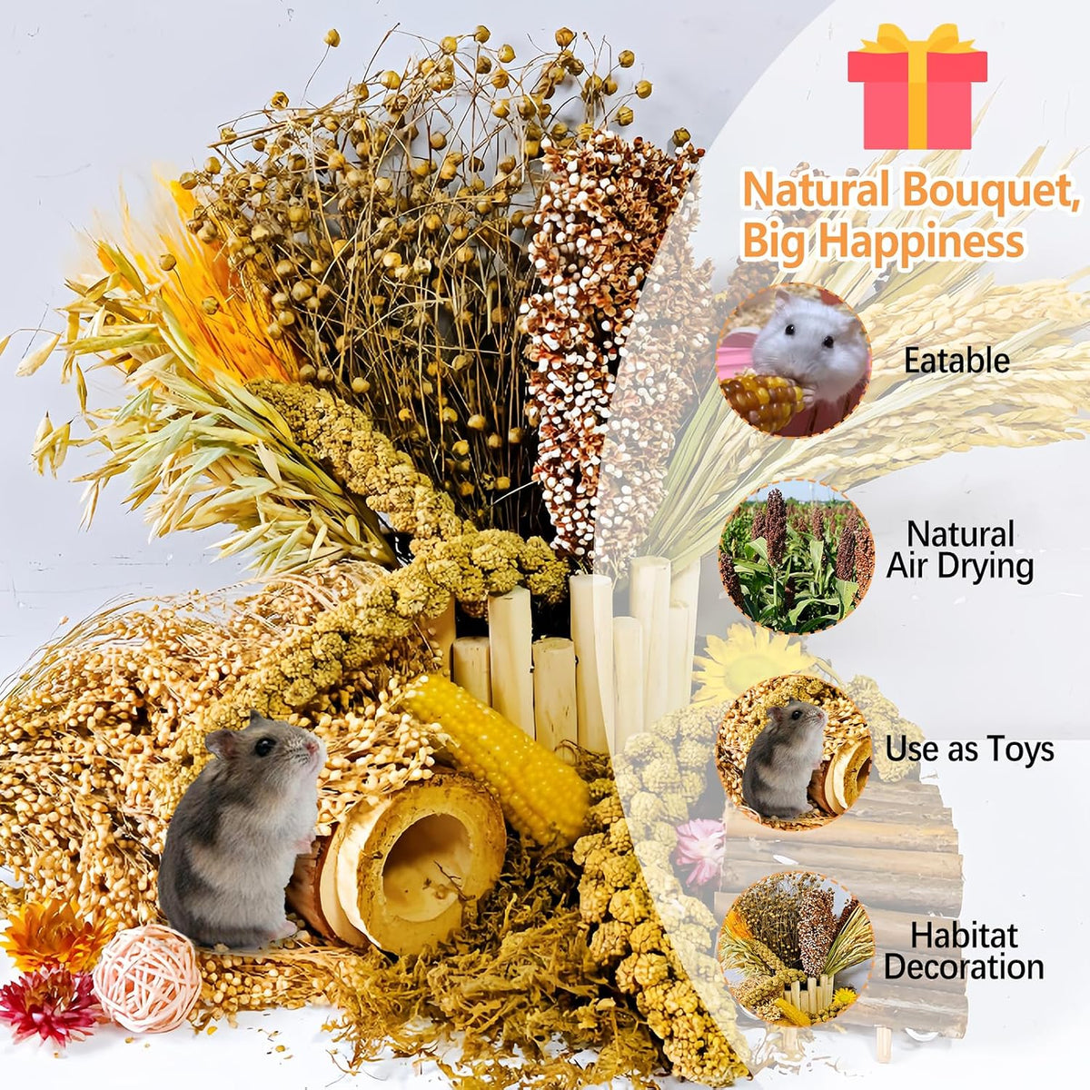 Natural Hamster Flower & Herb Habitat Deocr, Hamster Sprays Herbs Bedding Mate, Hamsters Cage Enrichment Decoration Accessories for Gerbil Dwarf Syrian Hamsters Mouse Guinea Pig Mice or Small Animals