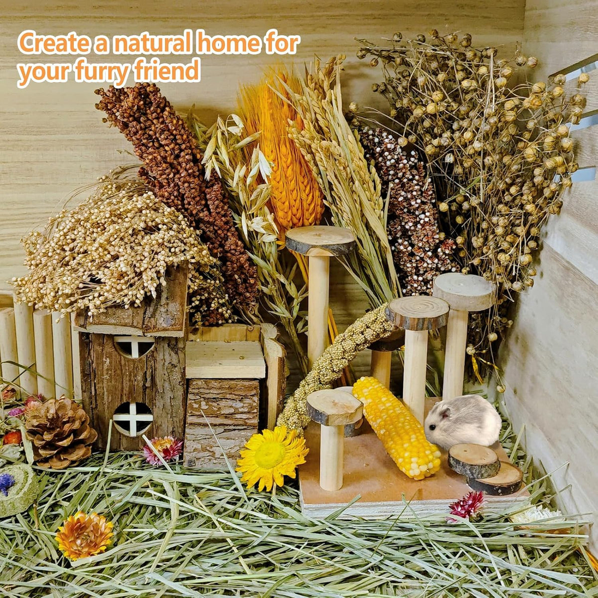 Natural Hamster Flower & Herb Habitat Deocr, Hamster Sprays Herbs Bedding Mate, Hamsters Cage Enrichment Decoration Accessories for Gerbil Dwarf Syrian Hamsters Mouse Guinea Pig Mice or Small Animals