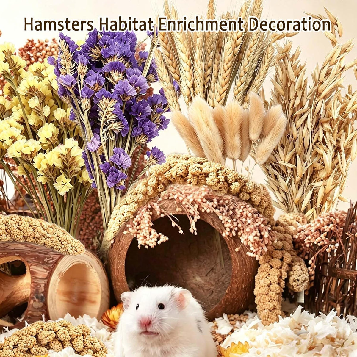 Natural Hamster Flower & Herb Habitat Deocr, Hamster Sprays Herbs Bedding Mate, Hamsters Cage Enrichment Decoration Accessories for Gerbil Dwarf Syrian Hamsters Mouse Guinea Pig Mice or Small Animals