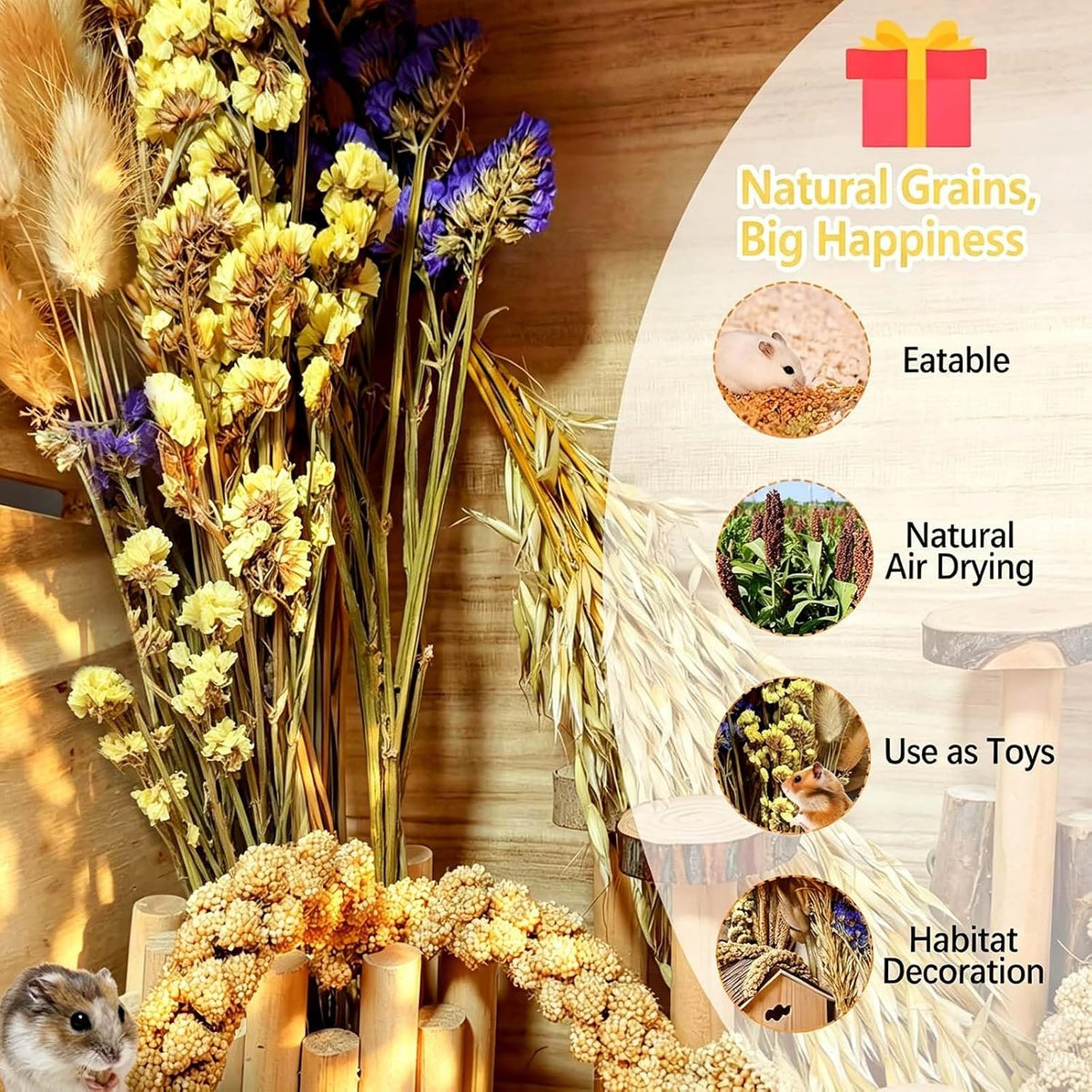 Natural Hamster Flower & Herb Habitat Deocr, Hamster Sprays Herbs Bedding Mate, Hamsters Cage Enrichment Decoration Accessories for Gerbil Dwarf Syrian Hamsters Mouse Guinea Pig Mice or Small Animals