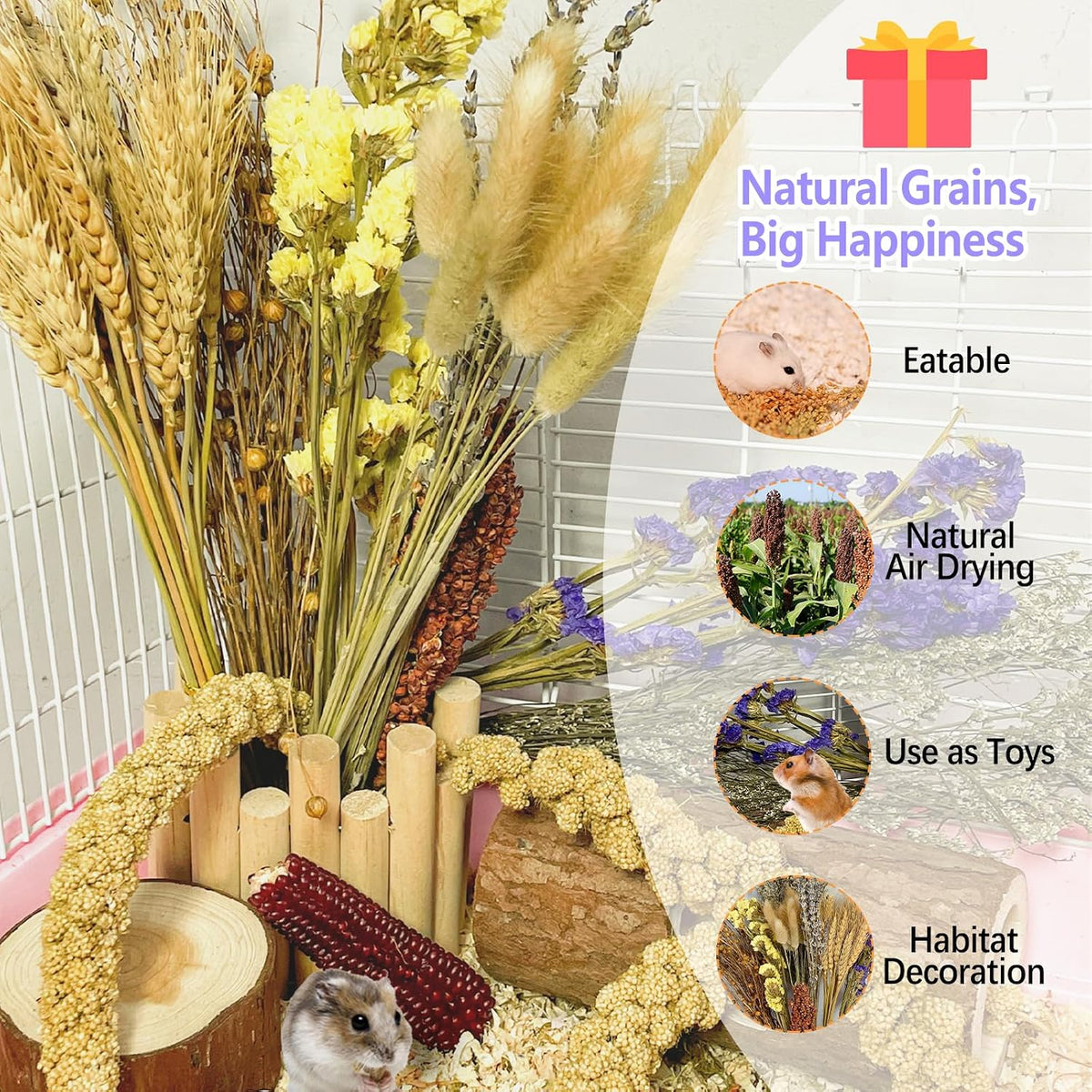 Natural Hamster Flower & Herb Habitat Deocr, Hamster Sprays Herbs Bedding Mate, Hamsters Cage Enrichment Decoration Accessories for Gerbil Dwarf Syrian Hamsters Mouse Guinea Pig Mice or Small Animals