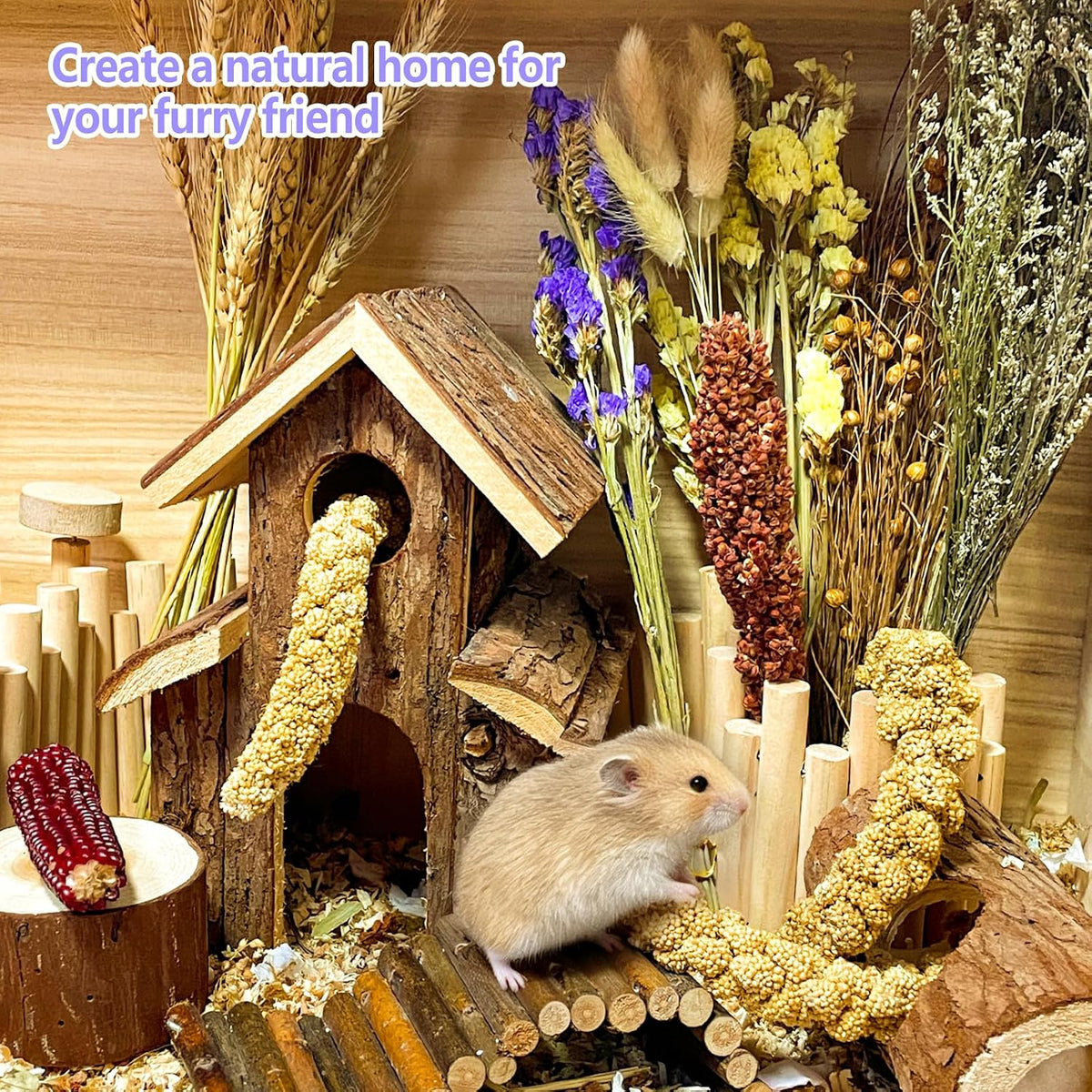 Natural Hamster Flower & Herb Habitat Deocr, Hamster Sprays Herbs Bedding Mate, Hamsters Cage Enrichment Decoration Accessories for Gerbil Dwarf Syrian Hamsters Mouse Guinea Pig Mice or Small Animals