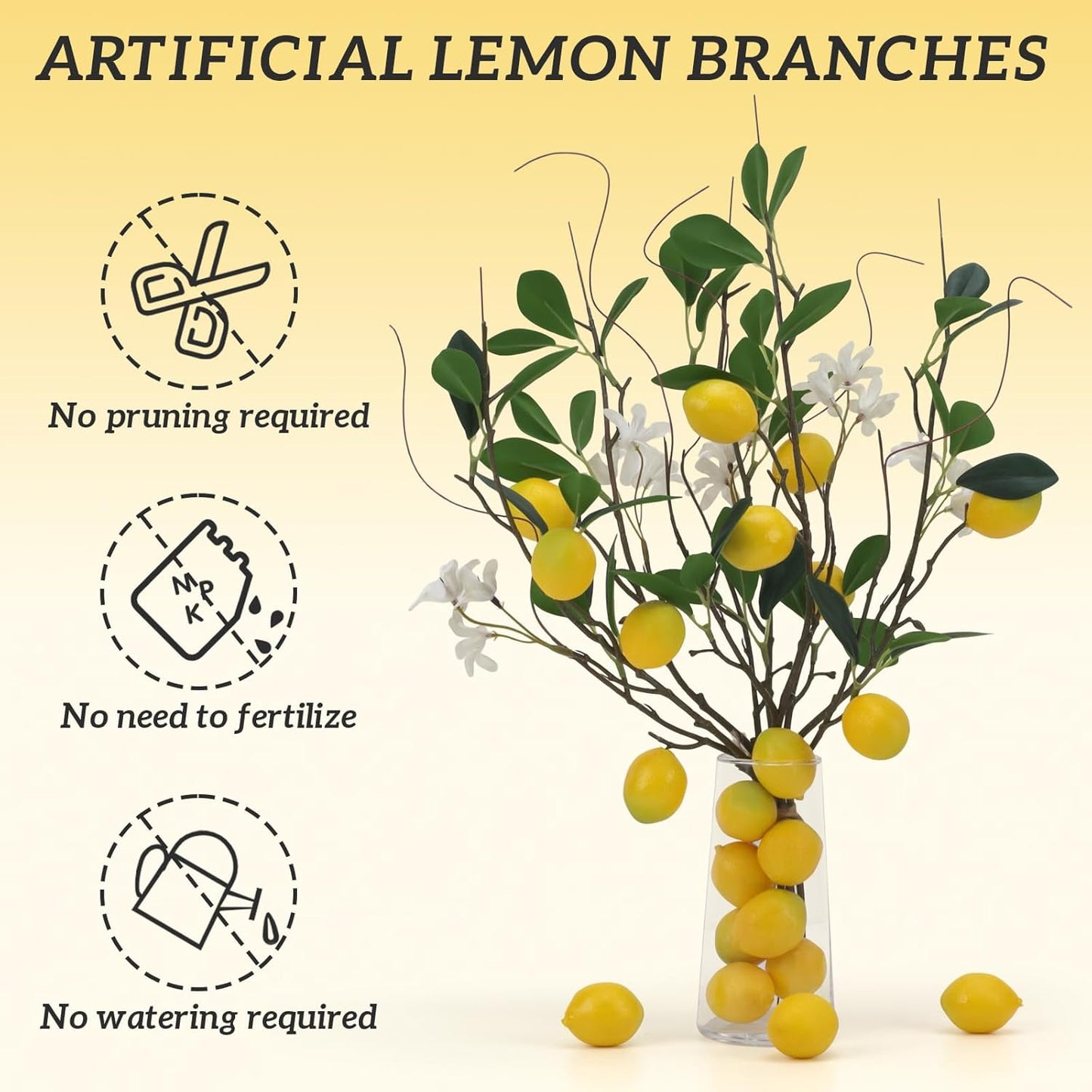 4 Pcs Artificial Lemon Branches 18.7'' Fake Lemons Stems Decoration | Faux fruit lemon picks with lifelike leaves, DIY wreath lemon themed party, Farmhouse home kitchen table ornament