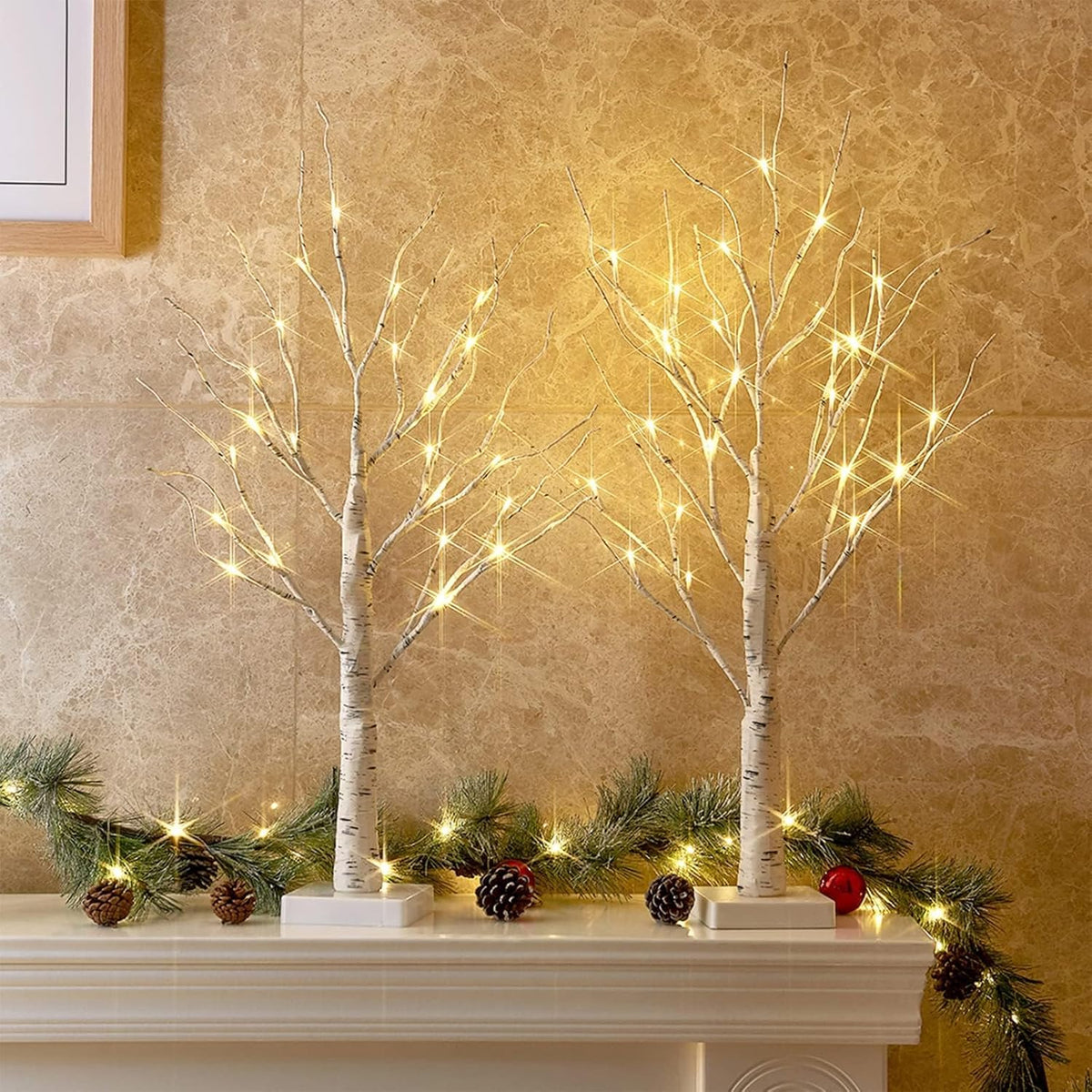Christmas Decorations, 2FT Birch Tree with LED Lights, Warm White Light up Tree Lamp, Artificial Trees for Home Table Inside, Battery Powered, Timer (2PK)