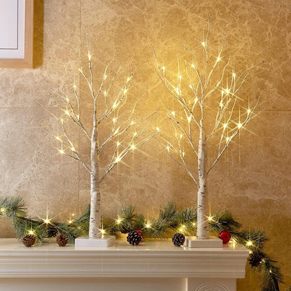 Christmas Decorations, 2FT Birch Tree with LED Lights, Warm White Light up Tree Lamp, Artificial Trees for Home Table Inside, Battery Powered, Timer (2PK)