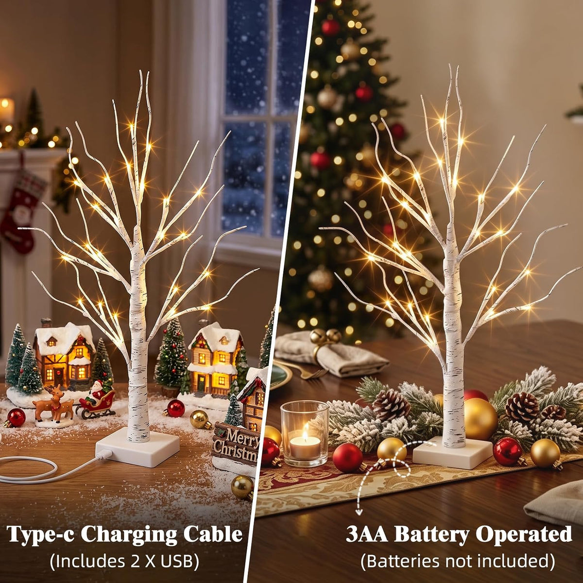 Christmas Decorations, 2FT Birch Tree with LED Lights, Warm White Light up Tree Lamp, Artificial Trees for Home Table Inside, Battery Powered, Timer (2PK)