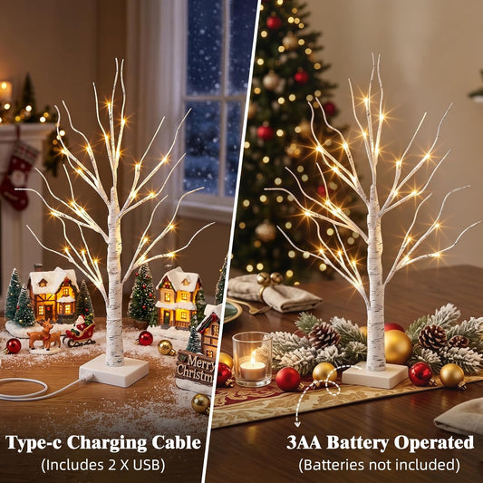 Christmas Decorations, 2FT Birch Tree with LED Lights, Warm White Light up Tree Lamp, Artificial Trees for Home Table Inside, Battery Powered, Timer (2PK)