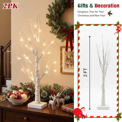 Christmas Decorations, 2FT Birch Tree with LED Lights, Warm White Light up Tree Lamp, Artificial Trees for Home Table Inside, Battery Powered, Timer (2PK)