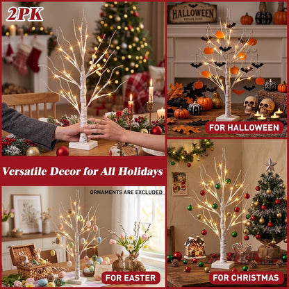Christmas Decorations, 2FT Birch Tree with LED Lights, Warm White Light up Tree Lamp, Artificial Trees for Home Table Inside, Battery Powered, Timer (2PK)