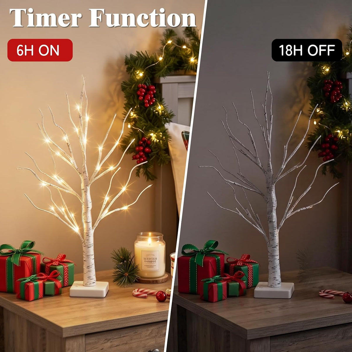 Christmas Decorations, 2FT Birch Tree with LED Lights, Warm White Light up Tree Lamp, Artificial Trees for Home Table Inside, Battery Powered, Timer (2PK)
