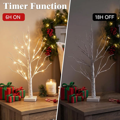 Christmas Decorations, 2FT Birch Tree with LED Lights, Warm White Light up Tree Lamp, Artificial Trees for Home Table Inside, Battery Powered, Timer (2PK)
