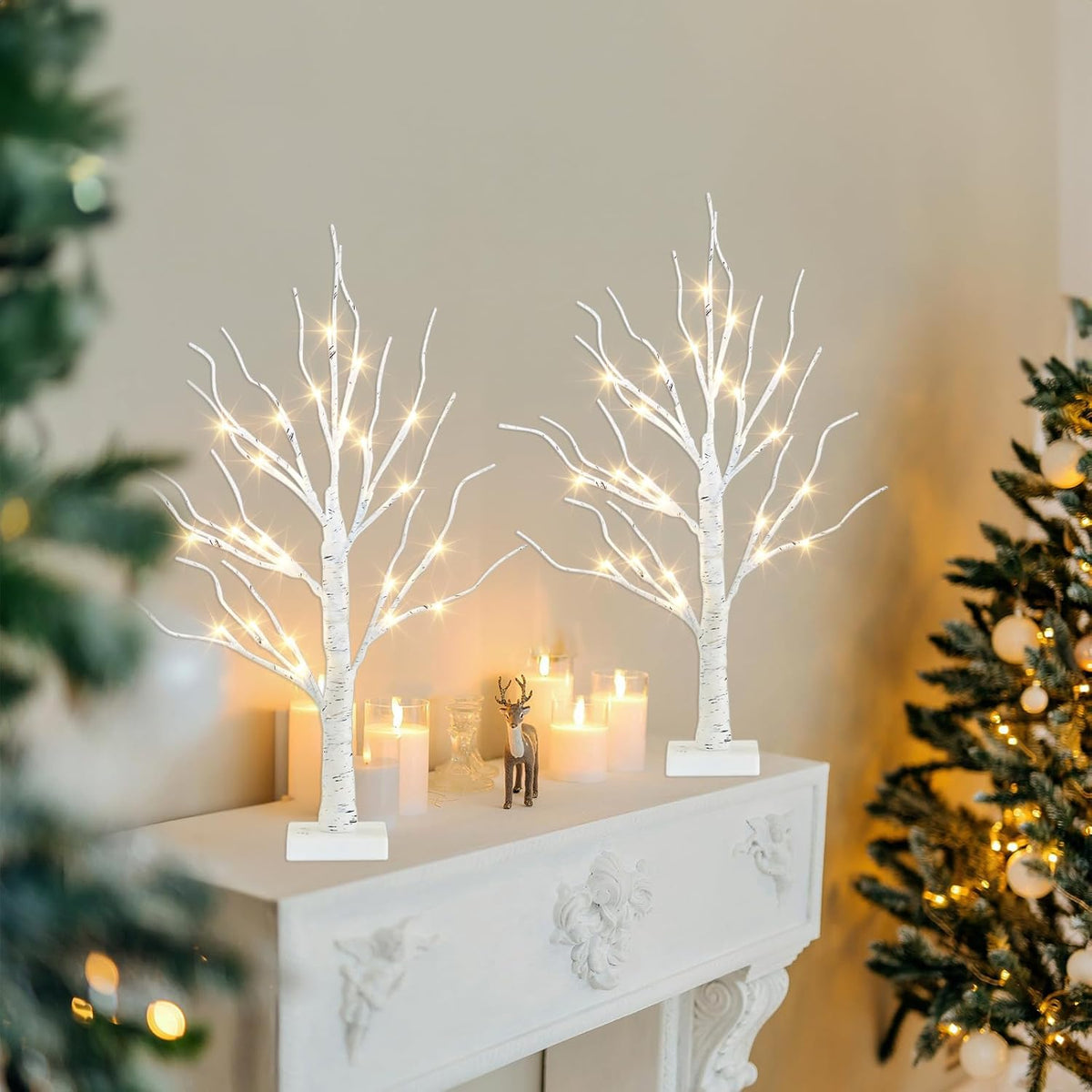 Christmas Decorations, 2FT Birch Tree with LED Lights, Warm White Light up Tree Lamp, Artificial Trees for Home Table Inside, Battery Powered, Timer (2PK)