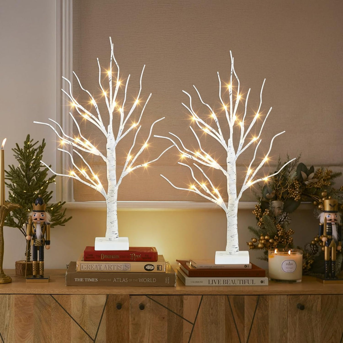 Christmas Decorations, 2FT Birch Tree with LED Lights, Warm White Light up Tree Lamp, Artificial Trees for Home Table Inside, Battery Powered, Timer (2PK)