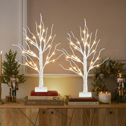 Christmas Decorations, 2FT Birch Tree with LED Lights, Warm White Light up Tree Lamp, Artificial Trees for Home Table Inside, Battery Powered, Timer (2PK)