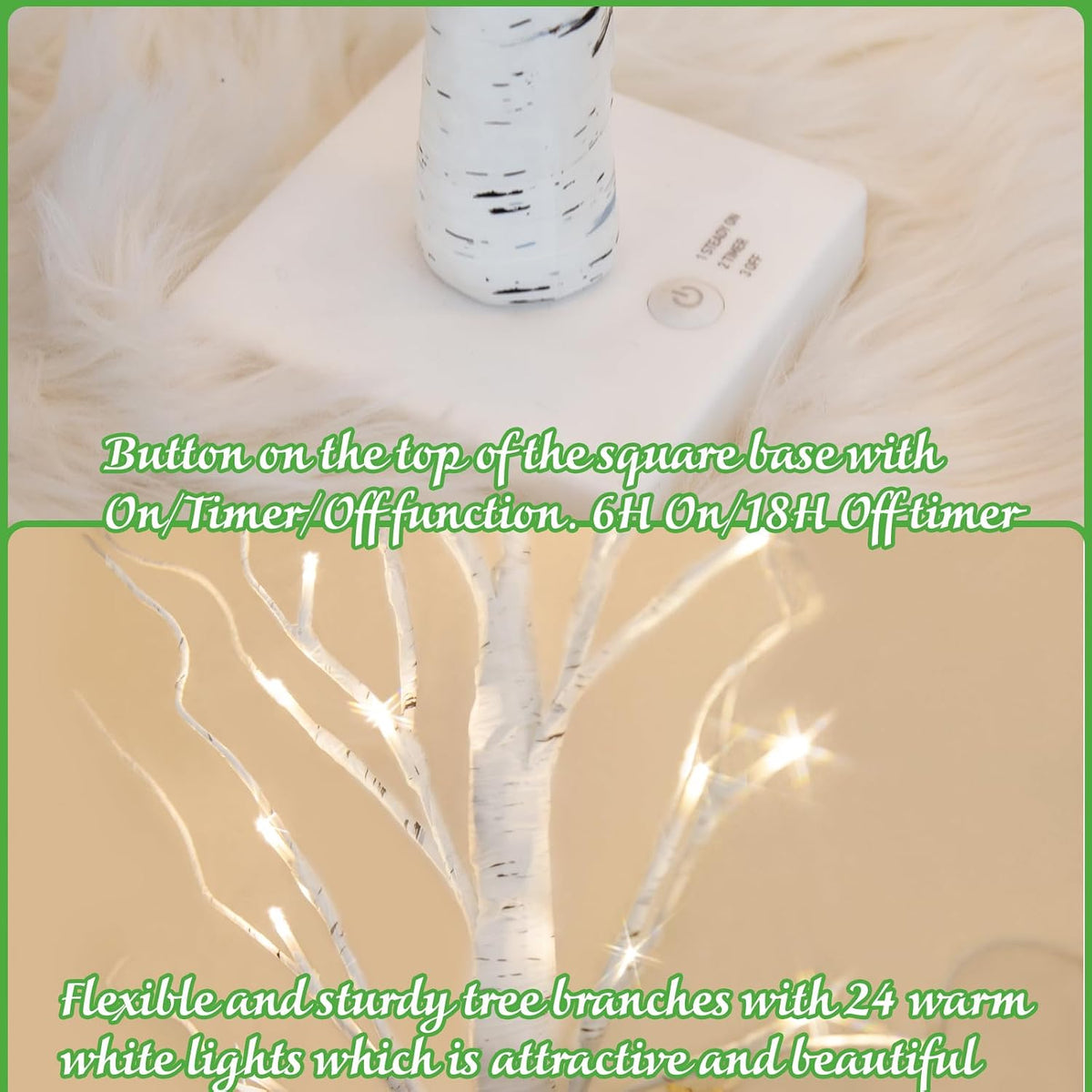 Christmas Decorations, 2FT Birch Tree with LED Lights, Warm White Light up Tree Lamp, Artificial Trees for Home Table Inside, Battery Powered, Timer (2PK)