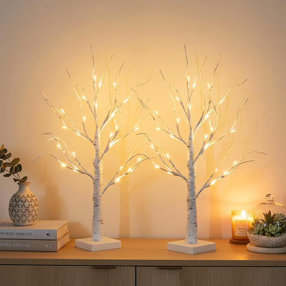 Christmas Decorations, 2FT Birch Tree with LED Lights, Warm White Light up Tree Lamp, Artificial Trees for Home Table Inside, Battery Powered, Timer (2PK)