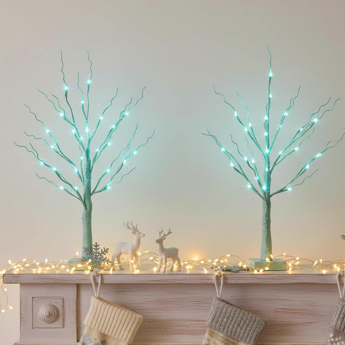 Christmas Decorations, 2FT Birch Tree with LED Lights, Warm White Light up Tree Lamp, Artificial Trees for Home Table Inside, Battery Powered, Timer (2PK)