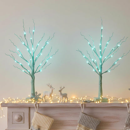 Christmas Decorations, 2FT Birch Tree with LED Lights, Warm White Light up Tree Lamp, Artificial Trees for Home Table Inside, Battery Powered, Timer (2PK)