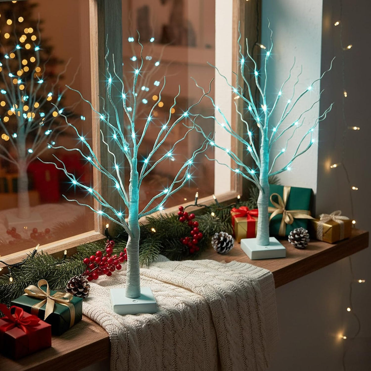 Christmas Decorations, 2FT Birch Tree with LED Lights, Warm White Light up Tree Lamp, Artificial Trees for Home Table Inside, Battery Powered, Timer (2PK)