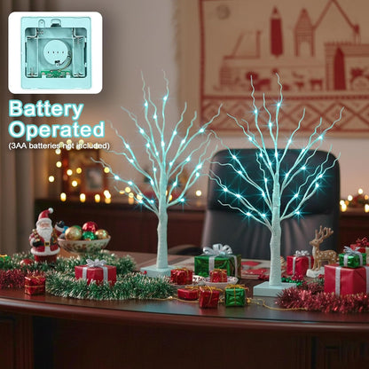 Christmas Decorations, 2FT Birch Tree with LED Lights, Warm White Light up Tree Lamp, Artificial Trees for Home Table Inside, Battery Powered, Timer (2PK)