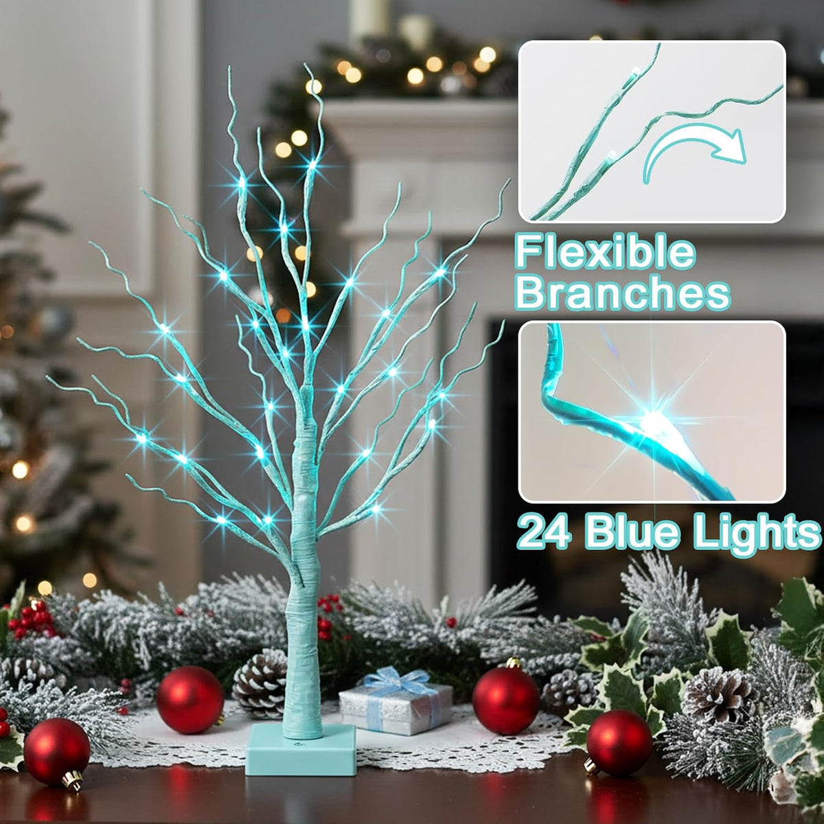 Christmas Decorations, 2FT Birch Tree with LED Lights, Warm White Light up Tree Lamp, Artificial Trees for Home Table Inside, Battery Powered, Timer (2PK)