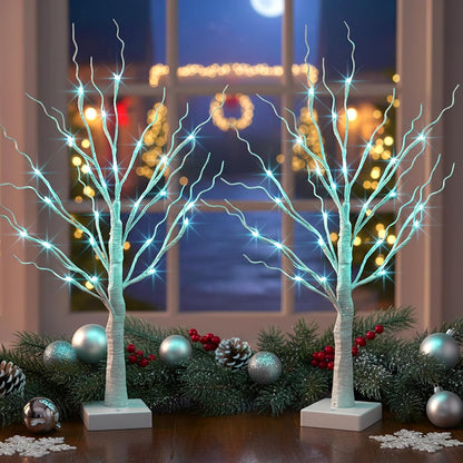 Christmas Decorations, 2FT Birch Tree with LED Lights, Warm White Light up Tree Lamp, Artificial Trees for Home Table Inside, Battery Powered, Timer (2PK)