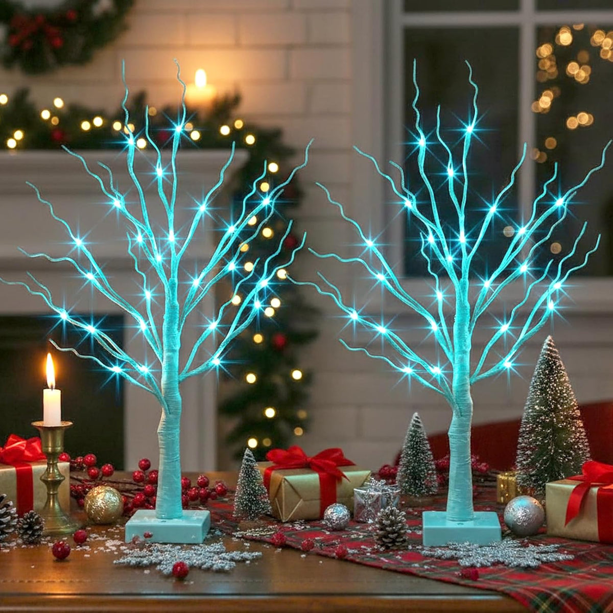 Christmas Decorations, 2FT Birch Tree with LED Lights, Warm White Light up Tree Lamp, Artificial Trees for Home Table Inside, Battery Powered, Timer (2PK)