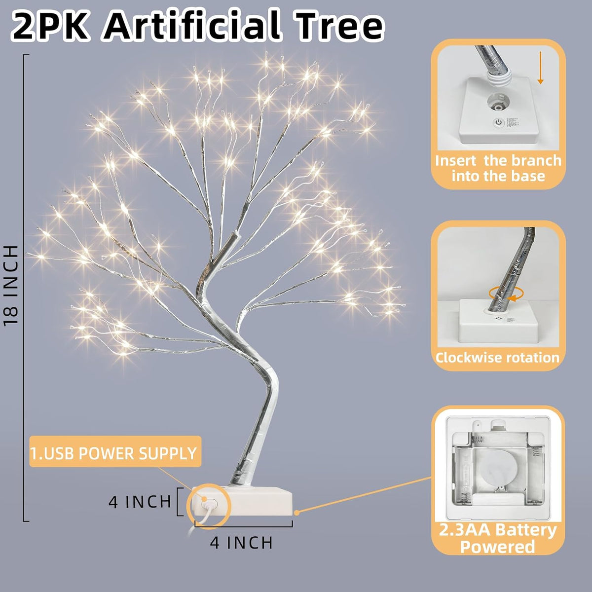 Christmas Decorations, 2FT Birch Tree with LED Lights, Warm White Light up Tree Lamp, Artificial Trees for Home Table Inside, Battery Powered, Timer (2PK)