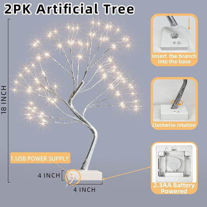Christmas Decorations, 2FT Birch Tree with LED Lights, Warm White Light up Tree Lamp, Artificial Trees for Home Table Inside, Battery Powered, Timer (2PK)