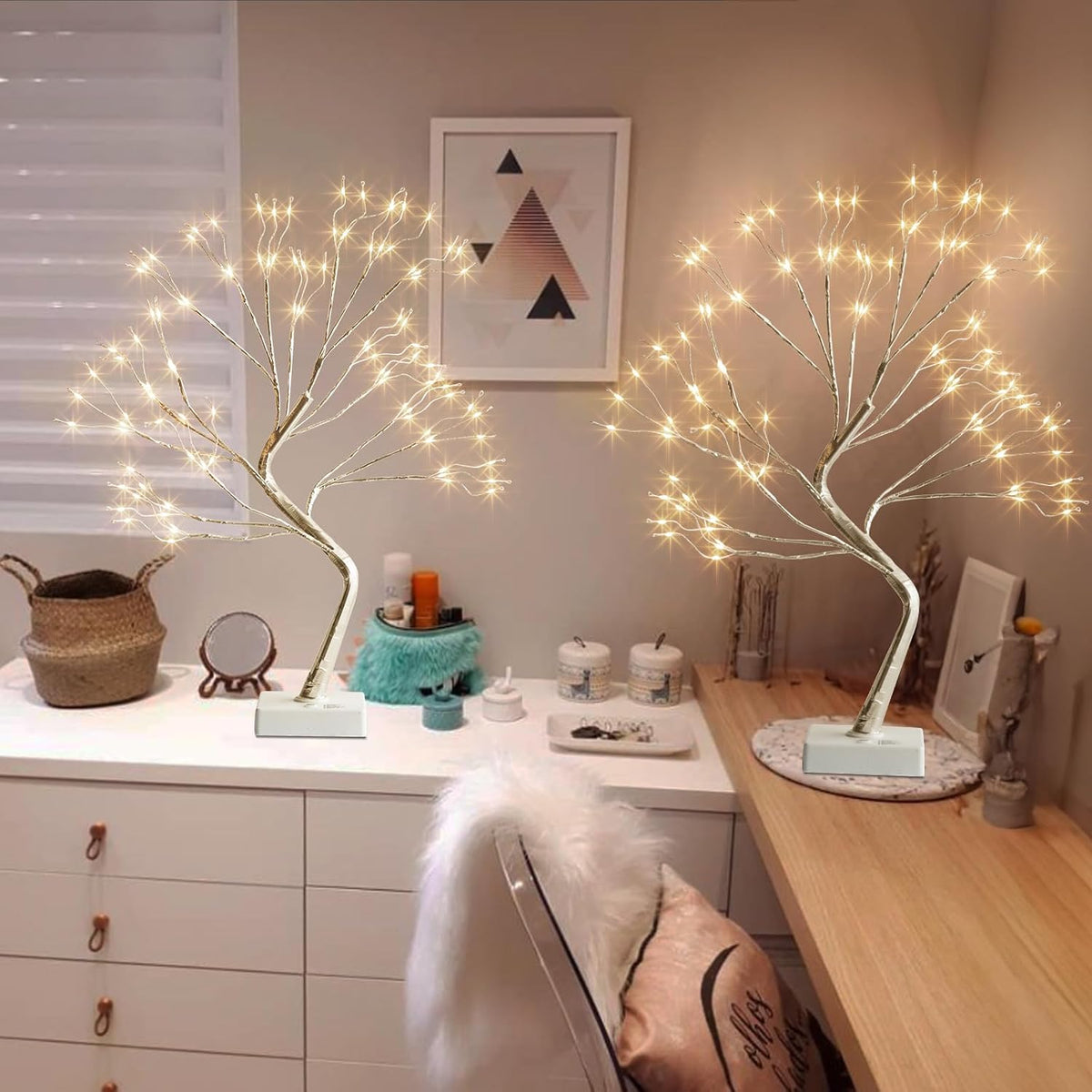 Christmas Decorations, 2FT Birch Tree with LED Lights, Warm White Light up Tree Lamp, Artificial Trees for Home Table Inside, Battery Powered, Timer (2PK)