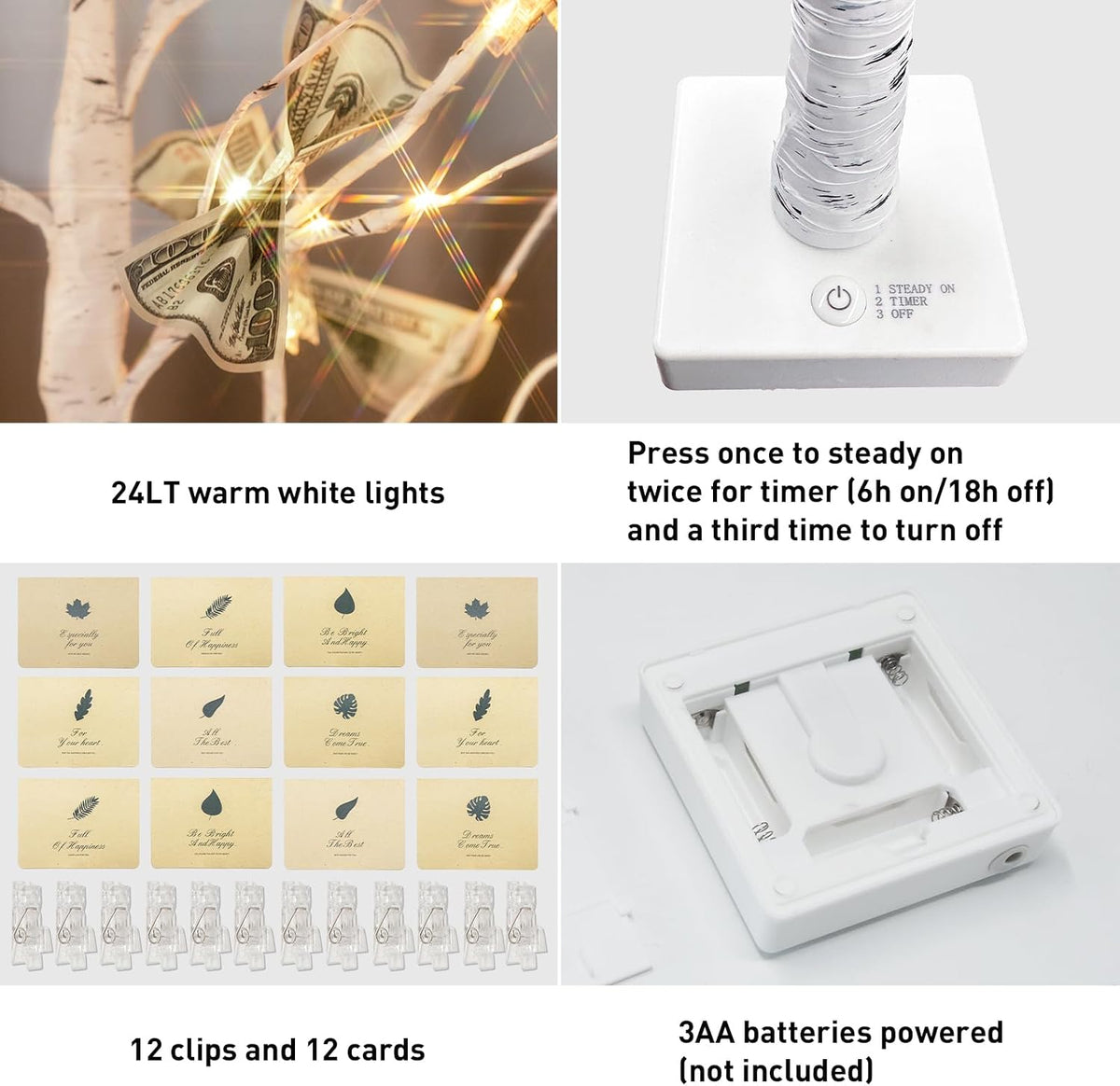 Christmas Decorations, 2FT Birch Tree with LED Lights, Warm White Light up Tree Lamp, Artificial Trees for Home Table Inside, Battery Powered, Timer (2PK)
