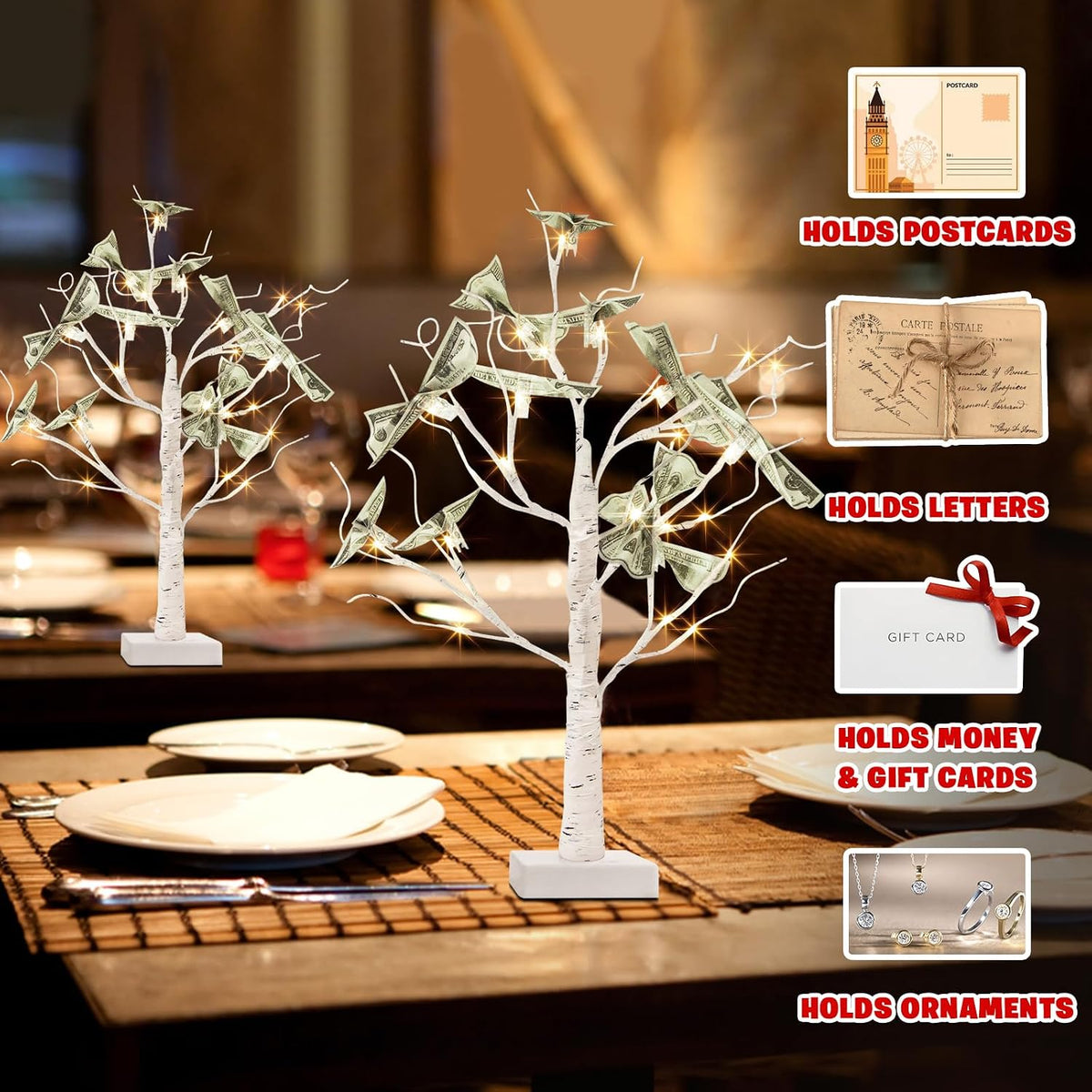 Christmas Decorations, 2FT Birch Tree with LED Lights, Warm White Light up Tree Lamp, Artificial Trees for Home Table Inside, Battery Powered, Timer (2PK)