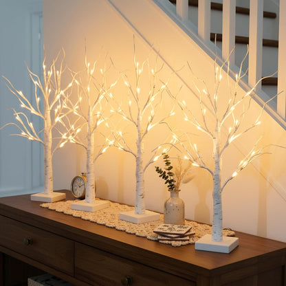 Christmas Decorations, 2FT Birch Tree with LED Lights, Warm White Light up Tree Lamp, Artificial Trees for Home Table Inside, Battery Powered, Timer (2PK)