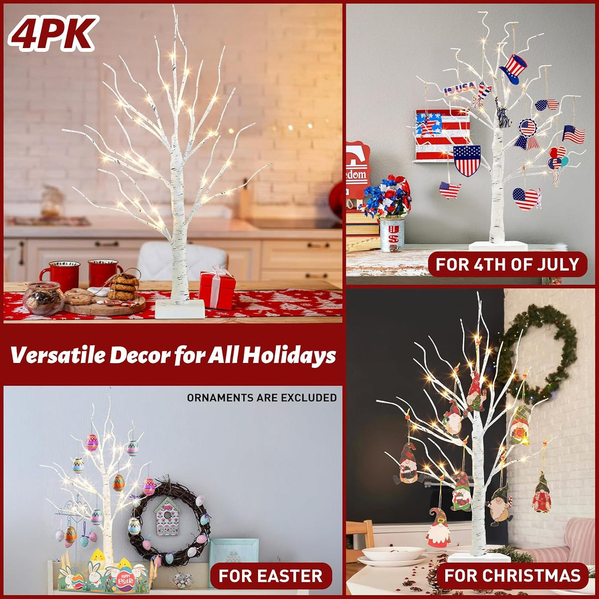 Christmas Decorations, 2FT Birch Tree with LED Lights, Warm White Light up Tree Lamp, Artificial Trees for Home Table Inside, Battery Powered, Timer (2PK)