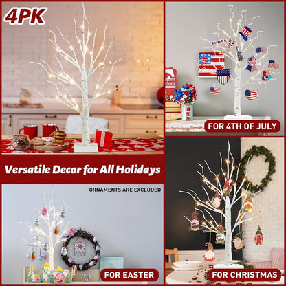 Christmas Decorations, 2FT Birch Tree with LED Lights, Warm White Light up Tree Lamp, Artificial Trees for Home Table Inside, Battery Powered, Timer (2PK)