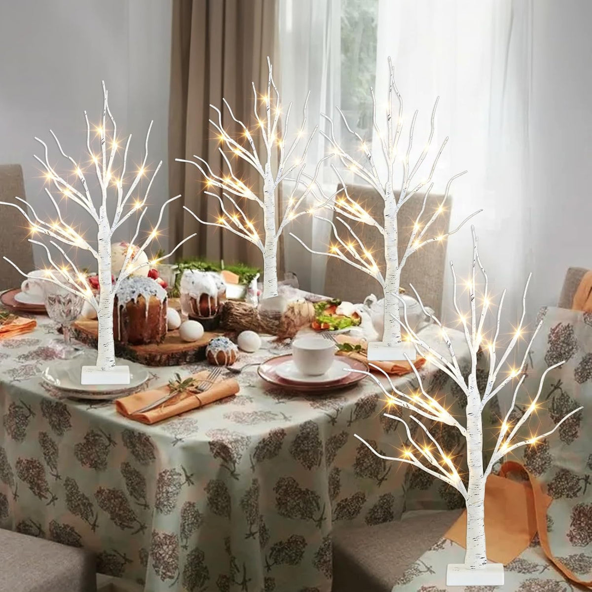 Christmas Decorations, 2FT Birch Tree with LED Lights, Warm White Light up Tree Lamp, Artificial Trees for Home Table Inside, Battery Powered, Timer (2PK)