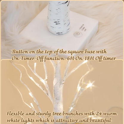 Christmas Decorations, 2FT Birch Tree with LED Lights, Warm White Light up Tree Lamp, Artificial Trees for Home Table Inside, Battery Powered, Timer (2PK)