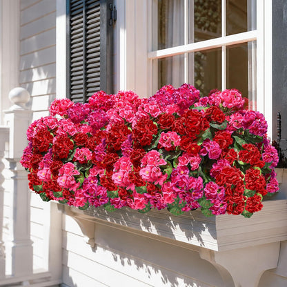Artificial Geranium Fake Flowers for Outdoors Decoration, 6 Bundles Silk Geraniums Pink Flower UV Resistant Look Real Faux Plants for Outside Planter Front Door Garden Porch Patio Balcony Yard Home