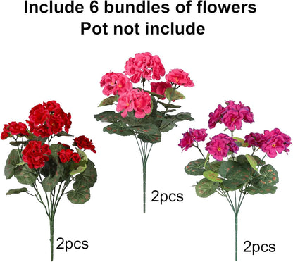 Artificial Geranium Fake Flowers for Outdoors Decoration, 6 Bundles Silk Geraniums Pink Flower UV Resistant Look Real Faux Plants for Outside Planter Front Door Garden Porch Patio Balcony Yard Home