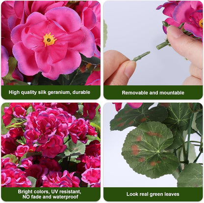Artificial Geranium Fake Flowers for Outdoors Decoration, 6 Bundles Silk Geraniums Pink Flower UV Resistant Look Real Faux Plants for Outside Planter Front Door Garden Porch Patio Balcony Yard Home