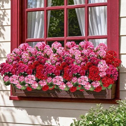 Artificial Geranium Fake Flowers for Outdoors Decoration, 6 Bundles Silk Geraniums Pink Flower UV Resistant Look Real Faux Plants for Outside Planter Front Door Garden Porch Patio Balcony Yard Home