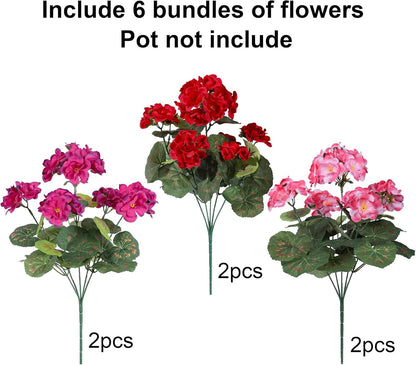 Artificial Geranium Fake Flowers for Outdoors Decoration, 6 Bundles Silk Geraniums Pink Flower UV Resistant Look Real Faux Plants for Outside Planter Front Door Garden Porch Patio Balcony Yard Home