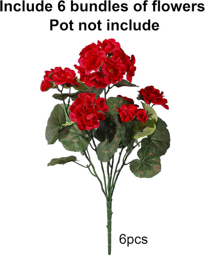Artificial Geranium Fake Flowers for Outdoors Decoration, 6 Bundles Silk Geraniums Pink Flower UV Resistant Look Real Faux Plants for Outside Planter Front Door Garden Porch Patio Balcony Yard Home