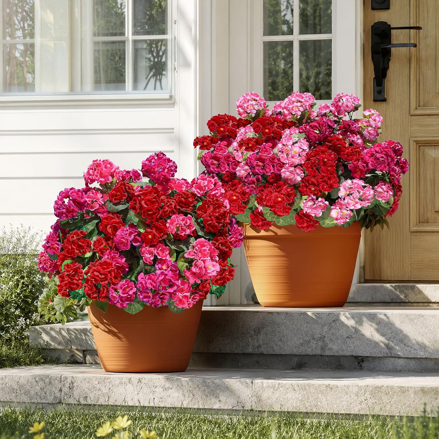 Artificial Geranium Fake Flowers for Outdoors Decoration, 6 Bundles Silk Geraniums Pink Flower UV Resistant Look Real Faux Plants for Outside Planter Front Door Garden Porch Patio Balcony Yard Home