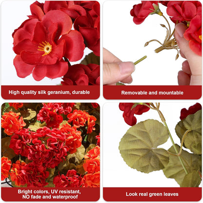 Artificial Geranium Fake Flowers for Outdoors Decoration, 6 Bundles Silk Geraniums Pink Flower UV Resistant Look Real Faux Plants for Outside Planter Front Door Garden Porch Patio Balcony Yard Home
