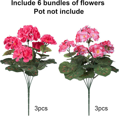 Artificial Geranium Fake Flowers for Outdoors Decoration, 6 Bundles Silk Geraniums Pink Flower UV Resistant Look Real Faux Plants for Outside Planter Front Door Garden Porch Patio Balcony Yard Home